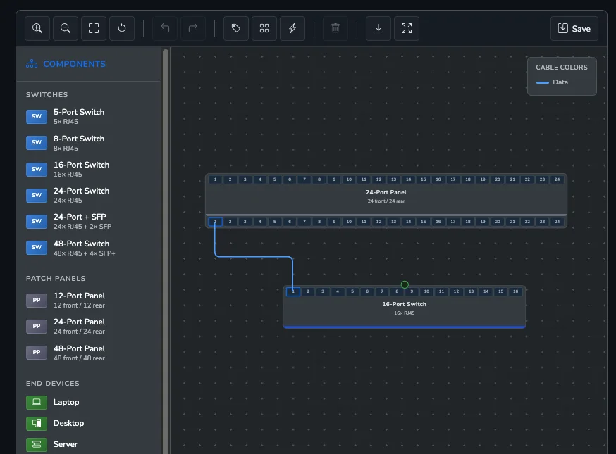 The IT Folder patch panel tool: a 24-port panel cabled to a 16-port switch, with a component library of switches, panels and end devices