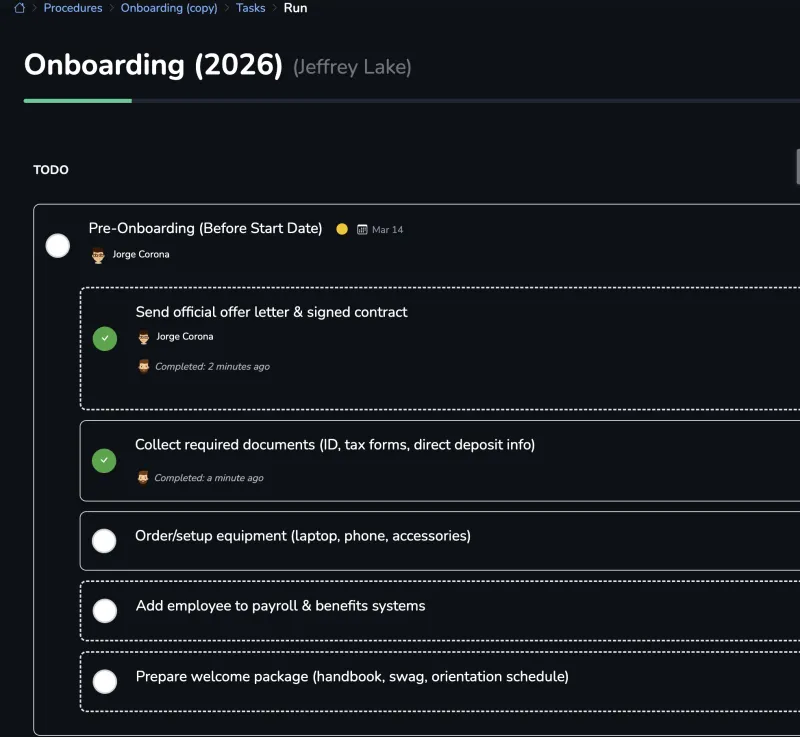 A running onboarding checklist: offer letter and document collection completed, equipment setup and payroll still to do
